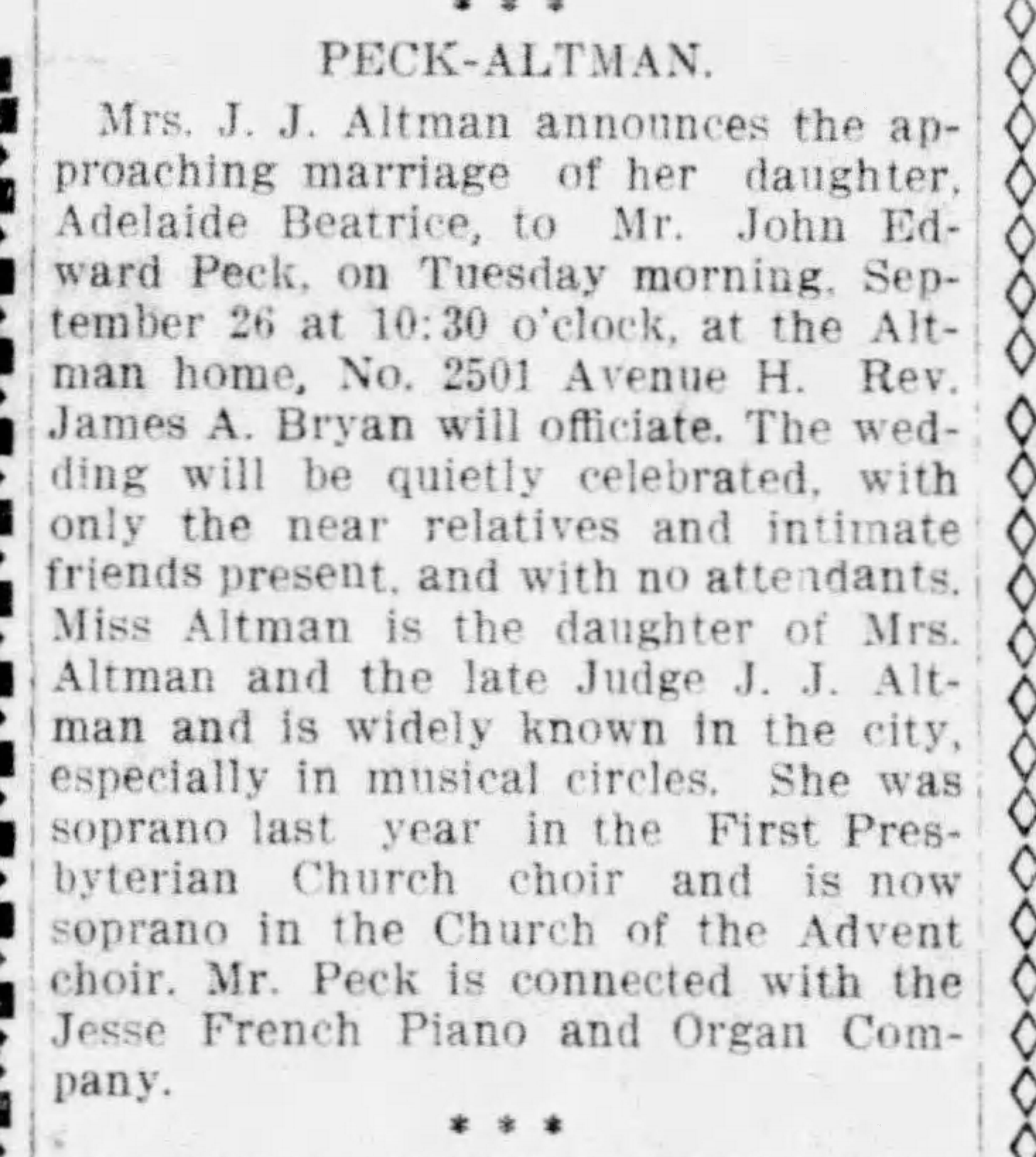 Adelaide Beatrice Altman-John Edward Peck